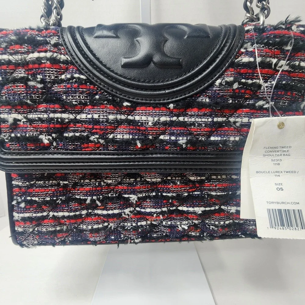Tory Burch Fleming Boucle Lurex Tweed Quilted Convertible Shoulder Bag NWT